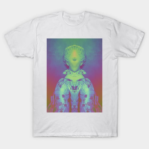 Dramabite Glitch art colourful rainbow woman portrait T-Shirt by dramabite